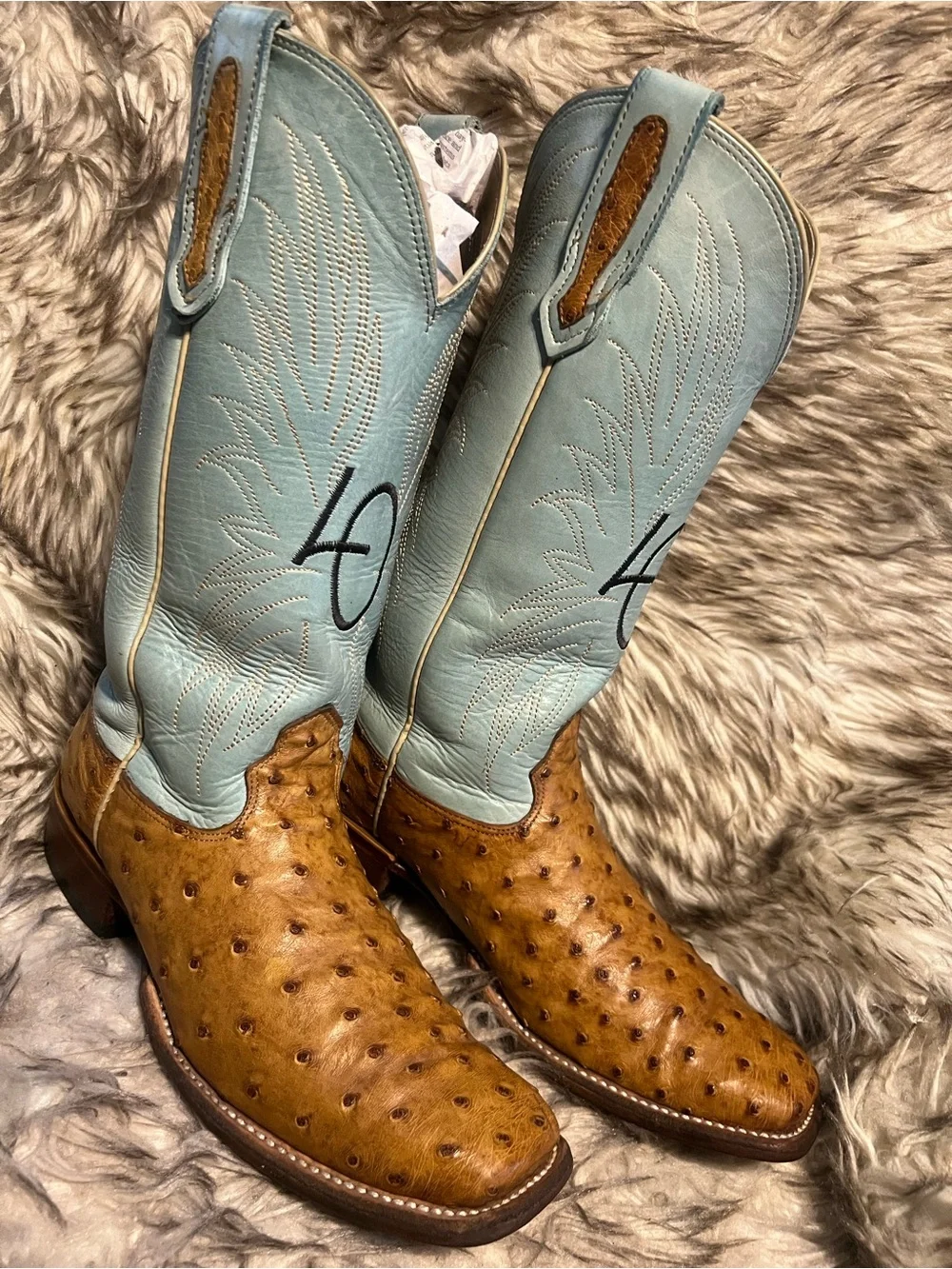 JM Collection Tan Ostrich Leather Western Boots with Light Blue Shaft Sz 8 D